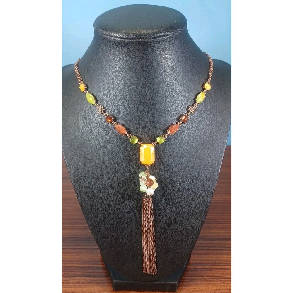 Signed V Vida Jewels Beautiful Green White Yellow Beaded Tassel Bronze Necklace